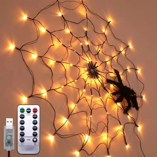 Luce a ragnatela di Halloween a LED nera con 70 luci a ragnatela a LED arancioni impermeabili